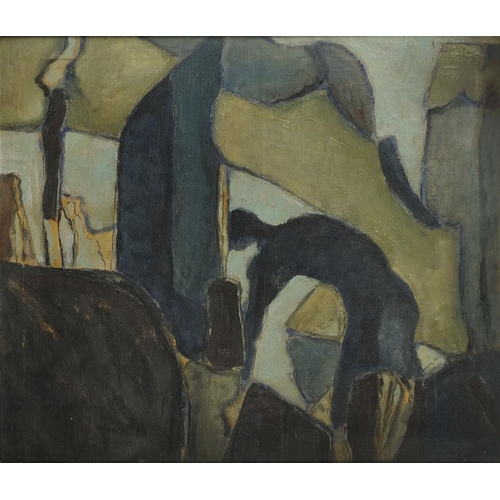 1295 - Oil onto canvas abstract composition, figure and rock formations, bearing a signature Keith Vaughan,... 