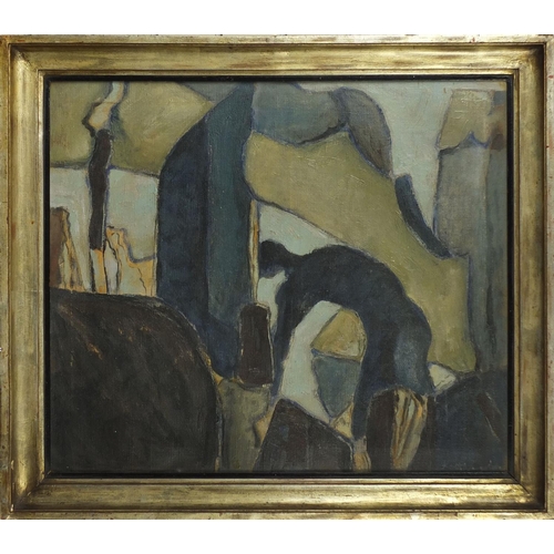 1295 - Oil onto canvas abstract composition, figure and rock formations, bearing a signature Keith Vaughan,... 