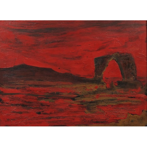 1271 - Oil onto canvas, red sky landscape, bearing a signature W Scott, inscribed verso, framed, 69cm x 49c... 