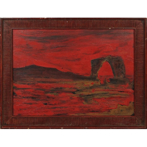 1271 - Oil onto canvas, red sky landscape, bearing a signature W Scott, inscribed verso, framed, 69cm x 49c... 