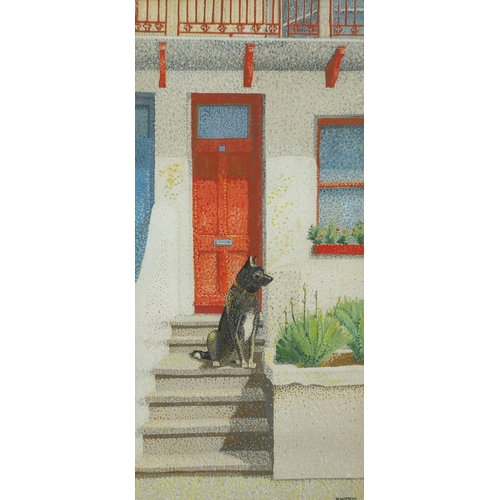 1319 - V Watson - Gouache pointillism composition, dog sat on a doorstep, mounted and framed, 58cm x 27cm e... 