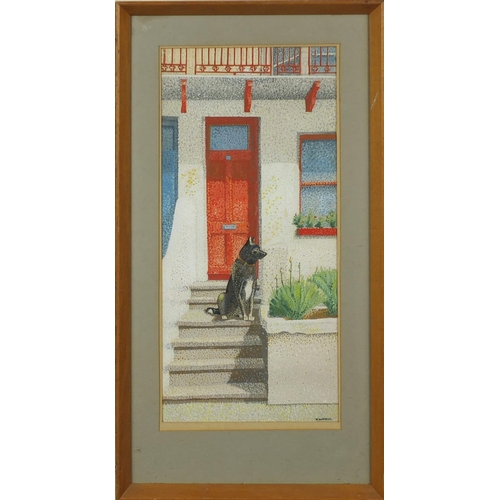 1319 - V Watson - Gouache pointillism composition, dog sat on a doorstep, mounted and framed, 58cm x 27cm e... 