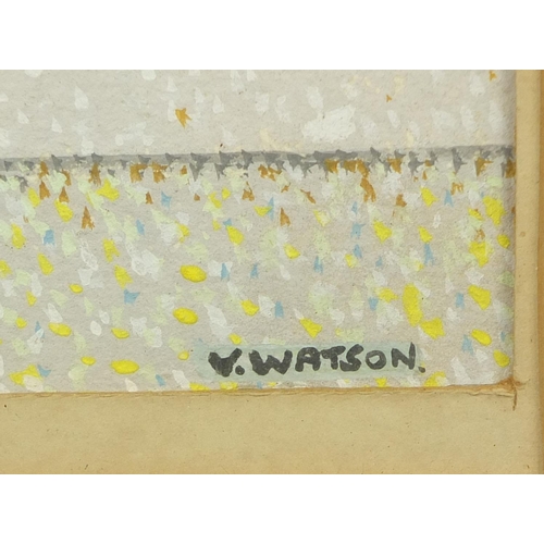 1319 - V Watson - Gouache pointillism composition, dog sat on a doorstep, mounted and framed, 58cm x 27cm e... 