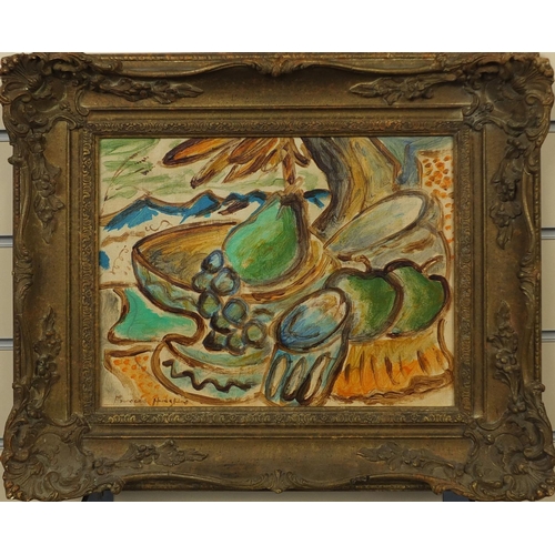 1172 - Oil onto canvas, still life fruit, bearing a signature Frances Hodgkins, ornately framed, 31cm x 25c... 