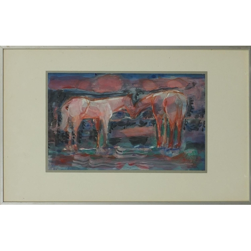 1170 - David Granaat - Watercolour surreal composition, two horses by the water, label and inscribed letter... 