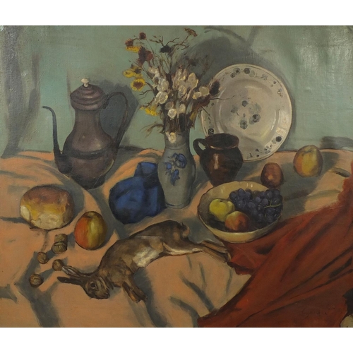 1127 - Oil onto canvas, still life, the kitchen table, bearing a signature Goudie, titled and inscribed ver... 