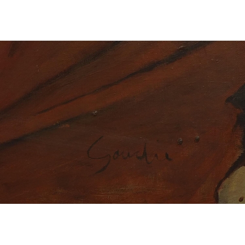 1127 - Oil onto canvas, still life, the kitchen table, bearing a signature Goudie, titled and inscribed ver... 