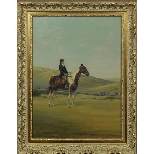 1203 - E Craven - Oil onto board, figure on horseback in a landscape, W. J. Penn label verso, ornately fram... 