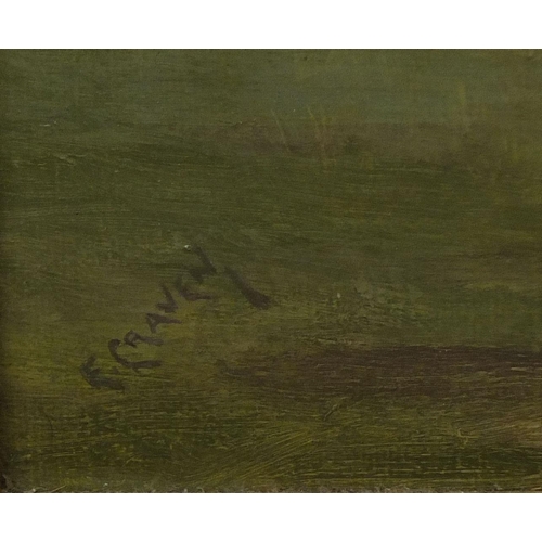 1203 - E Craven - Oil onto board, figure on horseback in a landscape, W. J. Penn label verso, ornately fram... 