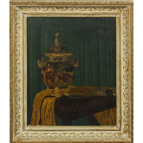 1303 - Oriental school oil onto canvas, still life items on a table, ornately framed, 44cm x 34cm excluding... 