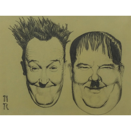 1249 - Pencil sketch onto paper, Laurel and Hardy, mounted and framed, bearing a monogram NR, 28cm x 22cm e... 