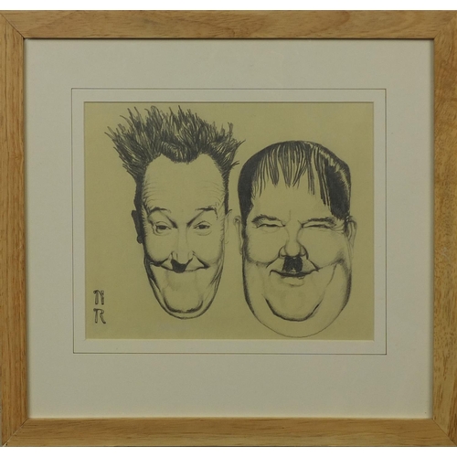 1249 - Pencil sketch onto paper, Laurel and Hardy, mounted and framed, bearing a monogram NR, 28cm x 22cm e... 