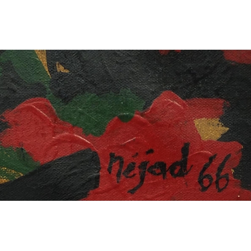 1174 - Unframed oil onto canvas, abstract composition, bearing a signature Nejad '66, 51cm x 40cm