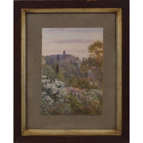 1214 - Beatrice Parsons - Watercolour onto card, flowers in a garden before a city scape, mounted and frame... 