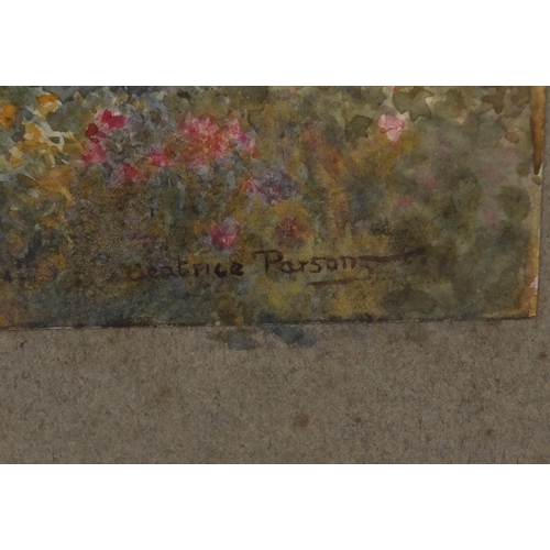 1214 - Beatrice Parsons - Watercolour onto card, flowers in a garden before a city scape, mounted and frame... 