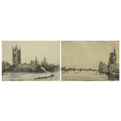 1314 - J W Jackson - Pair of coloured etchings each of Parliament and The River Thames, both mounted and gi... 