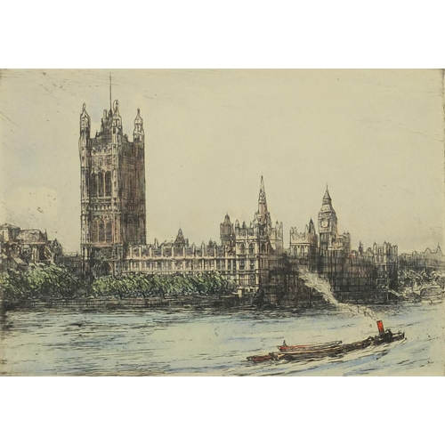 1314 - J W Jackson - Pair of coloured etchings each of Parliament and The River Thames, both mounted and gi... 