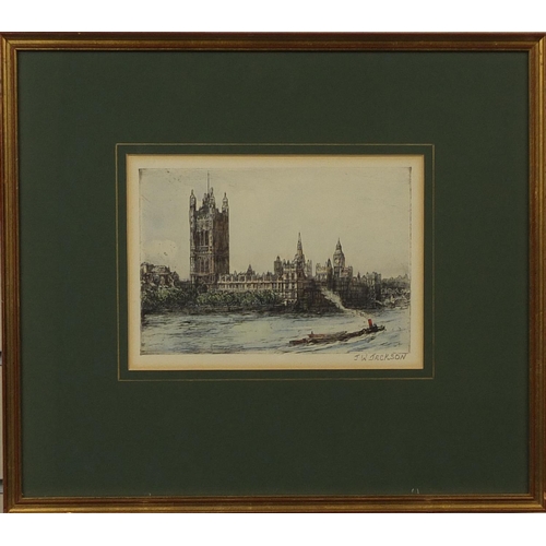 1314 - J W Jackson - Pair of coloured etchings each of Parliament and The River Thames, both mounted and gi... 