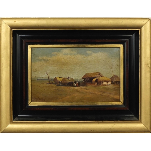 1175 - Porge Gergely  - Oil onto board, farmstead with haystacks, Budapest, inscribed labels verso, mounted... 