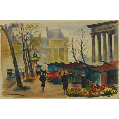 1257 - Guignier 1961 - Watercolour, Parisian market, numbered 17996 verso, framed, 44cm x 32cm excluding th... 