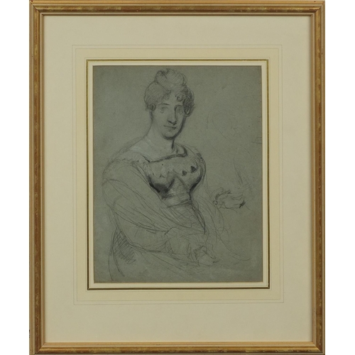 1309 - 19th century charcoal sketch, seated female, inscribed Robert Dixon verso, mounted and framed, 30cm ... 