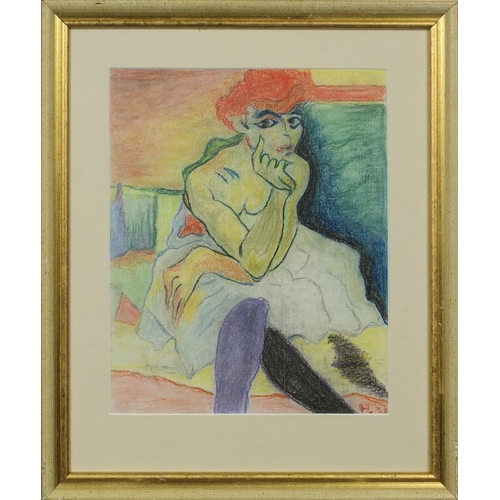 1202 - German expressionist pastel, semi-nude female, bearing a monogram H '32, mounted and framed, 33cm x ... 