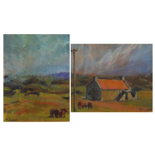 1135 - Two oil onto paper compositions, one titled cows near a farmhouse, the other cows in a landscape, bo... 