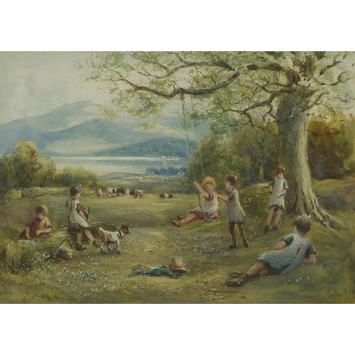 1266 - Watercolour, children playing in a field with cattle before a landscape, mounted and framed, 25cm x ... 