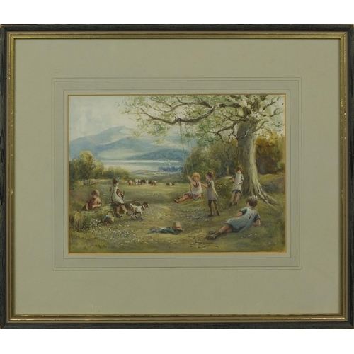 1266 - Watercolour, children playing in a field with cattle before a landscape, mounted and framed, 25cm x ... 