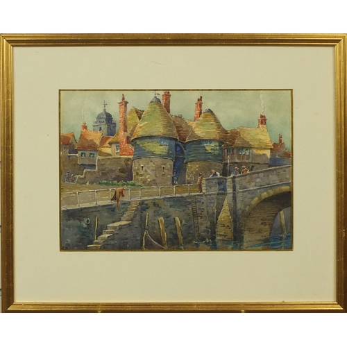 1212 - Watercolour, figures crossing a bridge before thatched buildings, inscribed label 'Sandwich by Edwar... 