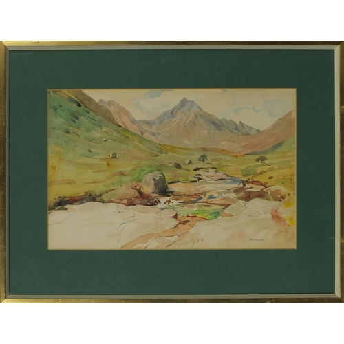 1233 - William Walls - Watercolour, Highland Glen, mountain landscape, label verso, mounted and framed, 40c... 