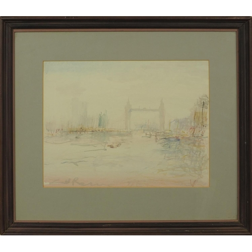 1210 - Watercolour onto card, Tower Bridge, bearing an indistinct signature Lu Re? mounted and framed, 43cm... 