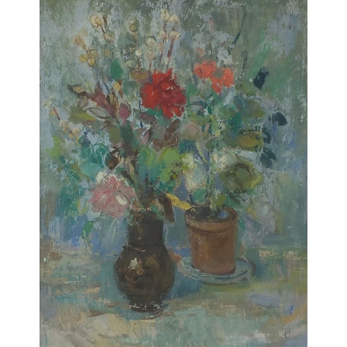 1130 - Oil onto canvas, still life flowers, bearing an inscription Christopher Wood St Ives 1928 to the str... 