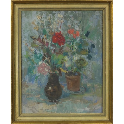 1130 - Oil onto canvas, still life flowers, bearing an inscription Christopher Wood St Ives 1928 to the str... 