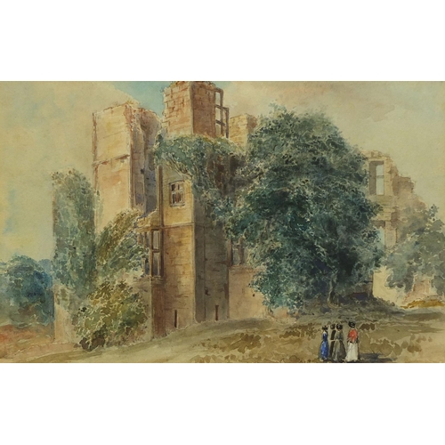 1316 - Victorian watercolour onto card, figures before Kenilworth castle Hastings, part label verso, mounte... 