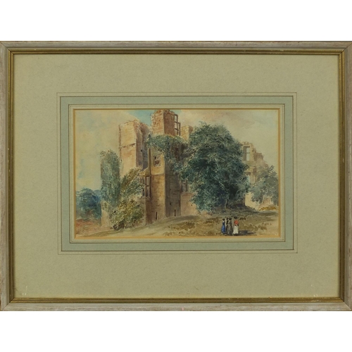 1316 - Victorian watercolour onto card, figures before Kenilworth castle Hastings, part label verso, mounte... 