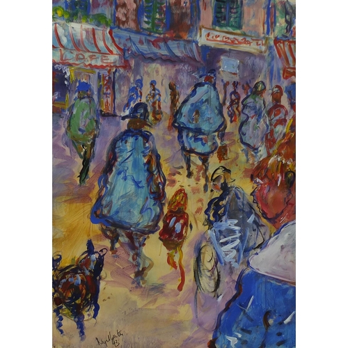 1294 - Nigel Waters '93 - Oil onto paper, figures in a street, Saffron picture gallery stamp verso, framed,... 