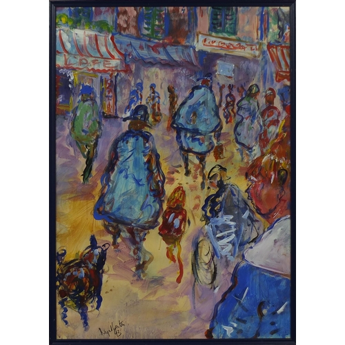 1294 - Nigel Waters '93 - Oil onto paper, figures in a street, Saffron picture gallery stamp verso, framed,... 