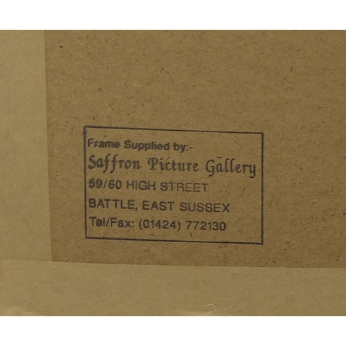 1294 - Nigel Waters '93 - Oil onto paper, figures in a street, Saffron picture gallery stamp verso, framed,... 