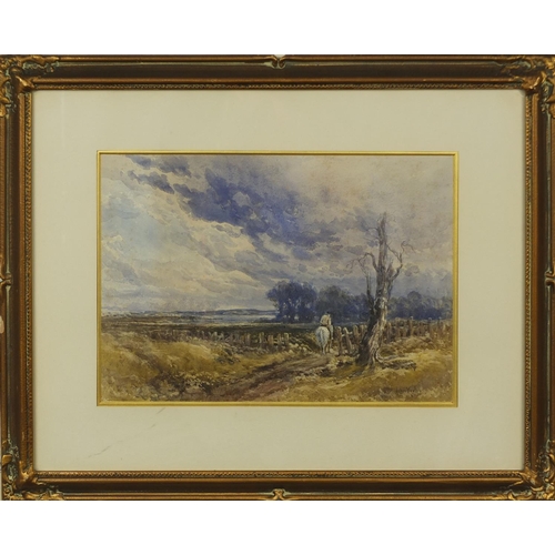 1317 - John Keeley - Watercolour, stormy day with a figure on horseback, inscribed verso, mounted and frame... 