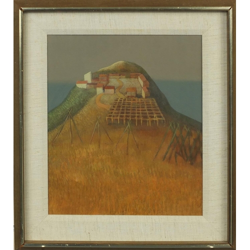 1186 - John Picking 1973 - Oil onto canvas, Scurzi, surreal buildings on a hilltop, label and inscriptions ... 