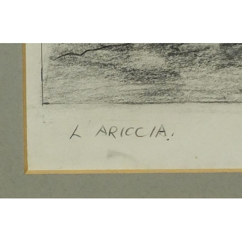 1136 - Pencil sketch, L'Ariccia, wagon pulled by oxen in a gorge with buildings beyond, bearing a signature... 