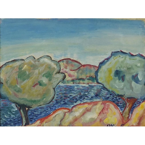 1298 - Unframed watercolour and gouache onto paper, water before mountains with trees in the foreground, be... 