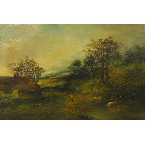 1301 - J Wallace - Oil onto canvas, farmer with sheep before an extensive landscape, framed, 60cm x 40cm ex... 