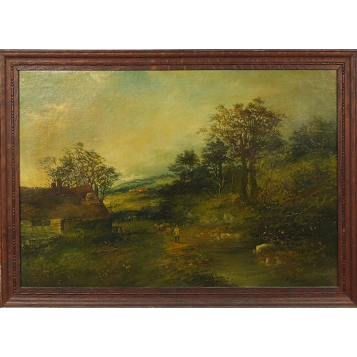 1301 - J Wallace - Oil onto canvas, farmer with sheep before an extensive landscape, framed, 60cm x 40cm ex... 