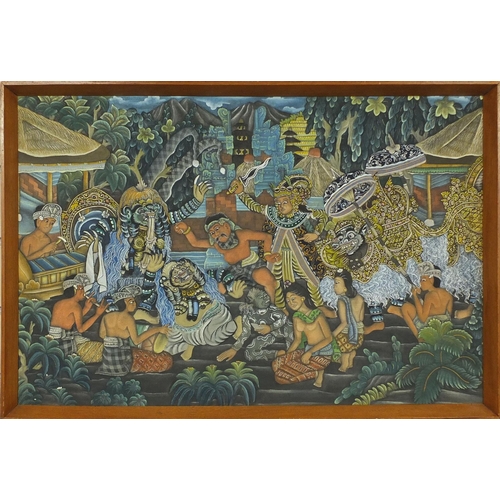 660 - Middle Eastern watercolour onto silk, mythical figures and semi-nude figures parading and dancing, f... 