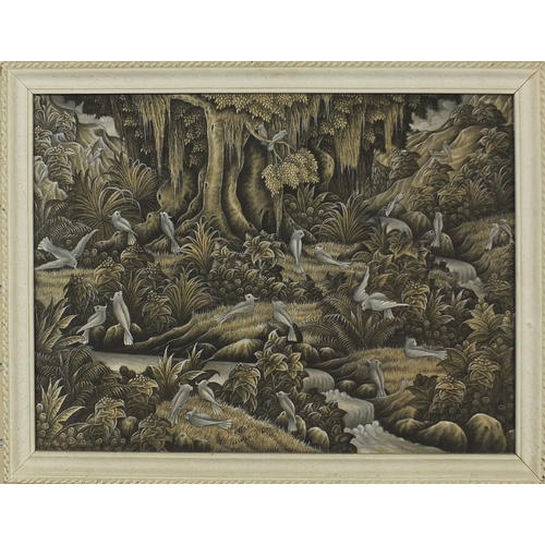 662 - Middle Eastern watercolour onto silk, birds and a stream before woodland, framed, 57cm x 42cm exclud... 