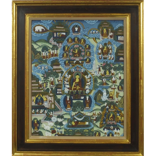 658 - Tibetan Buddhist Thangka, hand painted with deities amongst trees, mounted and framed, 49cm x 38cm e... 