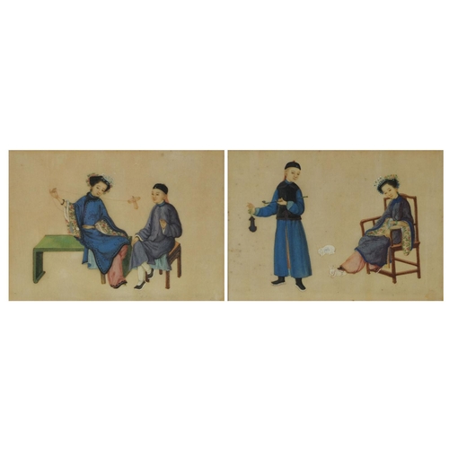 592 - Two Chinese watercolour onto pith paintings, one of a figure smoking a pipe, the other of a figure f... 