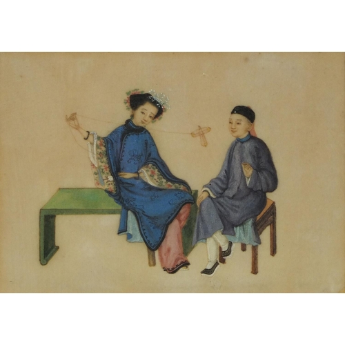 592 - Two Chinese watercolour onto pith paintings, one of a figure smoking a pipe, the other of a figure f... 